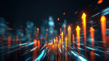 This scene showcases a dynamic upward graph illuminated by glowing orange arrows, surrounded by large digital symbols and vibrant data lines.