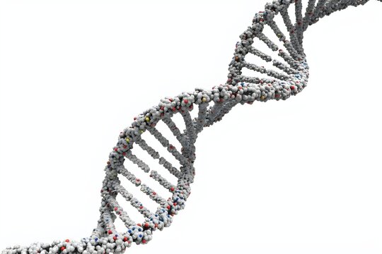 A DNA strand is shown in a white background. The strand is made up of many small beads, each of which is a different color. The beads are arranged in a spiral pattern