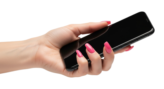 Stylish hand with vibrant pink nails holding a sleek smartphone for modern digital connection