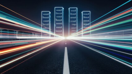 Experience the Thrill of High-Speed City Travel with Dynamic Light Streaks and Futuristic Architecture for a Powerful, Modern Feel