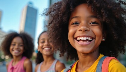 Fototapeta premium Three young african girls with curly hair laugh together outdoors in a city. Two girls are blurred in the background, one is close up smiling widely. They wear colorful tops and one has a backpack.