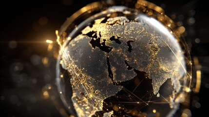 This captivating globe showcases digital data streams in gold and white, illuminated network overlays, and cinematic light reflections in a sleek, dark setting.
