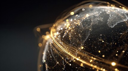 Glowing streams of digital data flow around a futuristic globe, illuminated in gold and white, set against a dark background with cinematic light reflections.