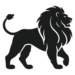 Black Lion Silhouette Illustration in Walking Pose with Bold Mane and Raised Tail