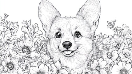 Cute corgi puppy surrounded by flowers, line art, coloring page, kids activity