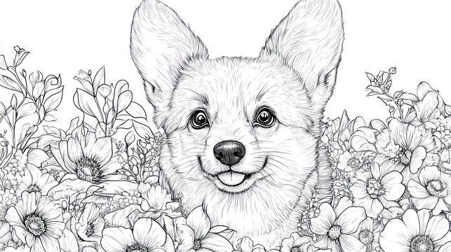 Cute corgi puppy surrounded by flowers, line art, coloring page, kids activity