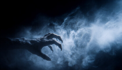 Monster hand moving in scary mist. Creepy dirty zombie hand rising in the night sky surrounded by fog, horror and Halloween concept. Happy Halloween