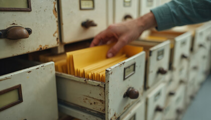 Hand reaches into aged cabinet drawer. Person searches for paperwork document. Vintage filing system is a repository of records. Research or archival process.