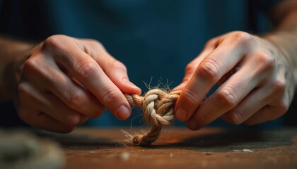 Obraz premium Hands tie strong knot with brown rope. Person shows manual skill, creating secure connection. Close up view highlights craft process. Natural fiber forms tight loop. Hands manipulate string on wood