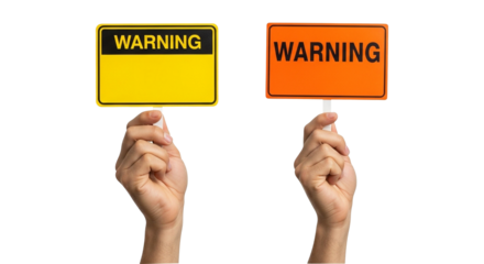 Two hands hold up bright warning signs, one yellow, one orange, ready for custom text