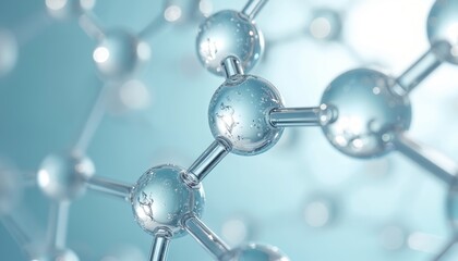 Molecule structure illustration on blue. Chemical compound model shows atom connections. Represents medical research tech, nano sci, innovative drug form, cellular biotech, skin hydratation with