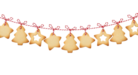 Christmas tree and star shaped cookies on red white string isolated on a transparent background gingerbread