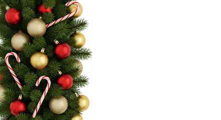 Christmas tree branches with red and gold ornaments and candy canes isolated on a transparent background