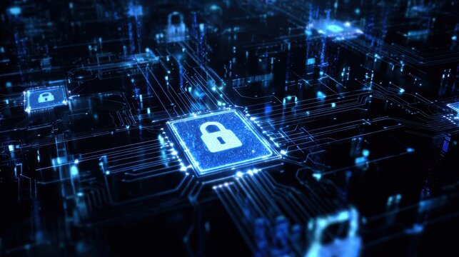 This scene showcases intricate circuits and digital padlocks, representing the latest in IoT security technology. Protecting connected devices has never been more crucial.