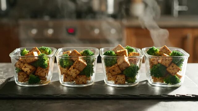Four Glass Containers Filled with Steaming Tofu Cubes and Broccoli Florets on Black Stone Plate in Kitchen Setting with Blurry Background and Natural Light and Food Presentation 198 chars