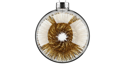 Clear glass Christmas ornament with gold and white tinsel isolated on a transparent background image
