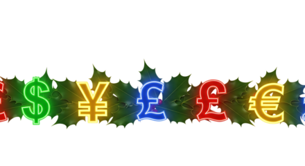 Colorful currency symbols on festive holly leaves isolated on a transparent background dollar pound