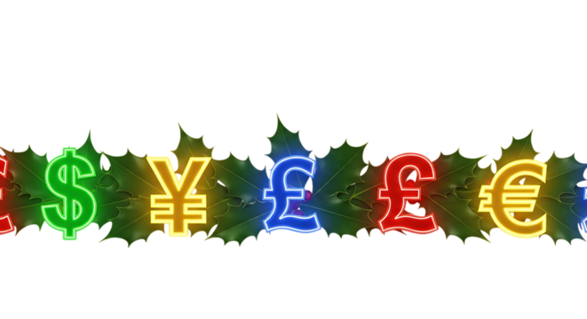 Colorful currency symbols on festive holly leaves isolated on a transparent background dollar pound - Powered by Adobe