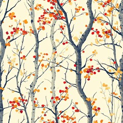 Fototapeta premium Seamless autumn tree pattern with red berries, seasonal nature design for textiles and decor.
