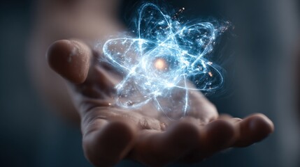 In a close-up view, a male hand cradles a glowing atom, radiating energy.