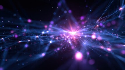 Naklejka premium Glowing points connect through bright lines, creating a vibrant network. A powerful energy burst at the center symbolizes fast viral spread within a dark, futuristic space.