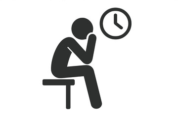 Waiting person icon. Man sitting on a chair looking stressed at a clock. Concept of waiting room, boredom, delay, deadline, time passing, anxiety, patience, procrastination.