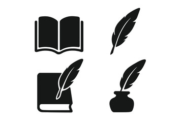 Quill pen and inkwell with book vector icon set. Symbol of literature, history, poetry and knowledge. Feather pen for writing and calligraphy. Author, writer, journalist logo.