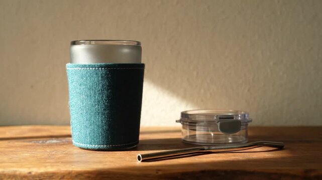 Reusable Water Bottle with Knitted Sleeve and Straw Near Food Container on Rustic Wooden Table with Warm Light Composition for Zero Waste Lifestyle Advocacy up to 199 characters