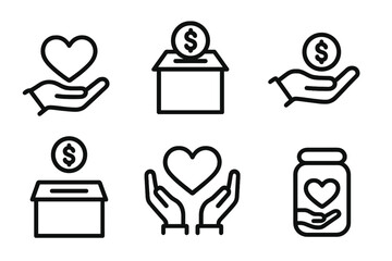 Donation and charity line icon set. Giving money for a cause. Vector collection of symbols for philanthropy, support, help, and fundraising. Volunteer and kindness concept.