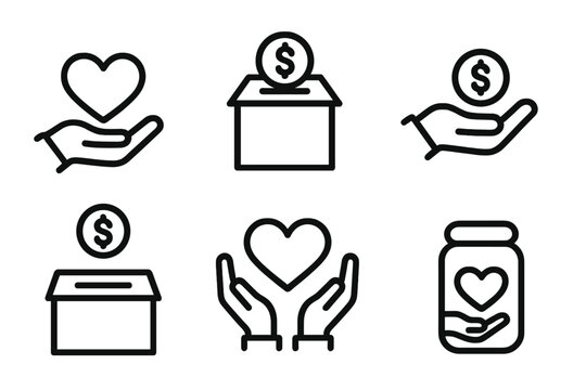 Donation and charity line icon set. Giving money for a cause. Vector collection of symbols for philanthropy, support, help, and fundraising. Volunteer and kindness concept.