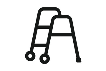 Walker icon for mobility aid. Medical equipment for elderly, senior, disabled person. Walking frame for support, assistance in rehabilitation, physical therapy. Health care symbol.