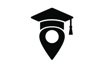 Education place icon with graduation cap on map pin. University or college location pointer symbol. School campus finder pictogram. Academic destination marker vector logo.