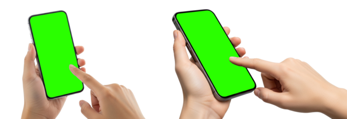 Hands interacting with green screen phone for creative digital content and app development showcases