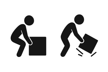 Man lifting and dropping heavy object icon. Proper and improper manual handling technique. Ergonomics and workplace safety pictogram. Correct posture for lifting weight vector set.