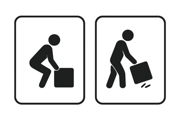 Ergonomic lifting technique and incorrect handling icon. Manual labor safety sign. Person carrying heavy box symbol. Vector illustration set for workplace guidelines.