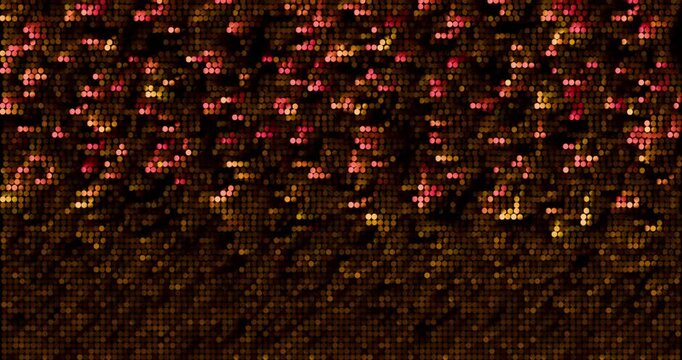Gold sequins turn up in a random pattern. Front view of gorgeous waving pattern background. 4K 3D rendering loop animation.