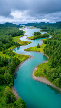 A winding river flowing through a vast wilderness,
the river, which has a remarkable, intensely turquoise or cyan color, suggesting glacial origins or mineral content, river makes a prominent S-curve.