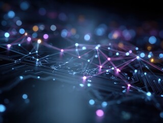 A vibrant neural network map displays precise nodes and clean lines glowing in electric blue and violet against a dark polished background. Modern and highly detailed design.