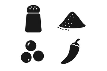 Black Silhouette Seasoning Icons Set. Pepper Shaker, Ground Pepper, Peppercorns, Chili Pepper. Minimalist Vector Illustration. Cooking Ingredients, Spice Collection, Food Flavoring, Kitchen Essentials