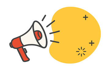 Megaphone with speech bubble for important announcement or positive news. Loudspeaker vector icon for promotion, sale alert, or marketing message. Flat cartoon illustration.