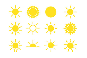 Sun icon collection. Yellow suns vector set. Simple flat sunshine symbols. Summer, weather, sunrise, sunset graphic elements for design. Sunny day logo pictogram illustration.
