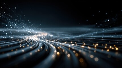 Three glowing pathways unite and lead into a digital wallet, representing financial flows and balance of payments in a modern banking network with abstract data streams.