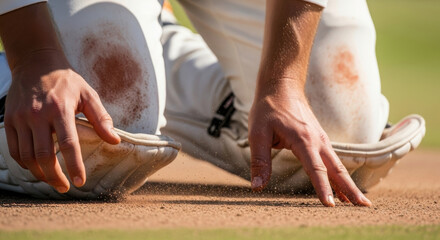 Cricket player with a dirty uniform after diving in the field.