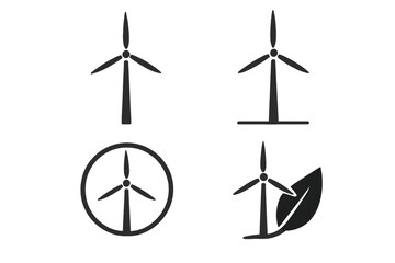 Wind turbine icon set for green energy and sustainability. Eco-friendly power generation concept. Renewable electricity symbol collection. Vector windmill illustrations for ecology.