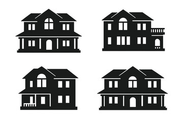 House icon collection. Set of residential home building silhouettes. Vector graphic for real estate logo, property symbol, or web sign. Modern villa and cottage architecture.