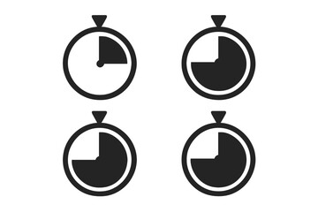 Vector timer icon set on transparent background. Stopwatch chronometer symbol collection. Countdown clock showing time passing in quarters. Deadline and urgency concept.