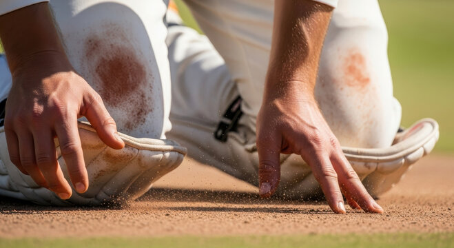 Cricket player with a dirty uniform after diving in the field.