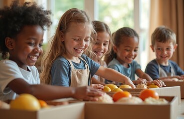 Diverse group of happy children pack food boxes. Kids work together in a charity event, showing community spirit and generosity for holiday giving. They smile while sorting donations.