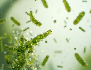 Close up view of green bacteria colonies on white background. Microscopic organisms display bacterial flora, cellular structures. This image represents gut health, microbial balance within human body.