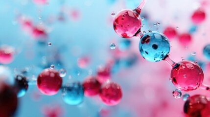 A close-up view of vibrant molecules in shades of blue and pink, surrounded by a light mist. This colorful scene highlights the beauty of science, showcasing molecular structures.